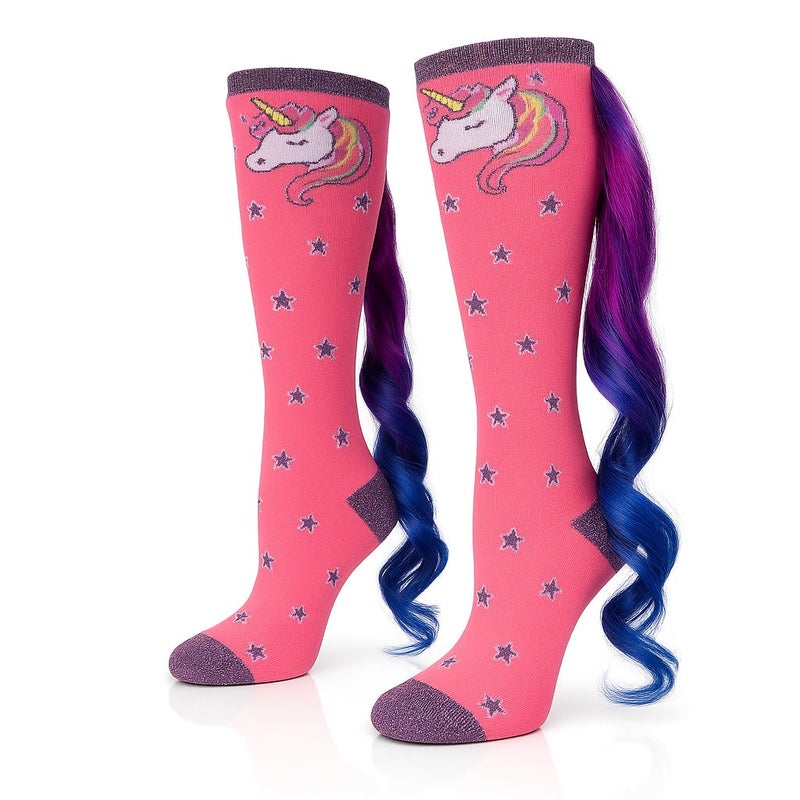 Gears Out Magical Unicorn Socks for Women & Kids - Pink Knee-High Novelty Socks with Colorful Ombre Tail, Sparkly Stars & Glitter Toes - Crazy Sock Day, Gift Idea - Image 1